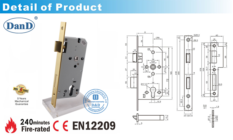 Satin Messing-CE-Leitklingst&uuml;r Lock DDML009-D- und D-Hardware