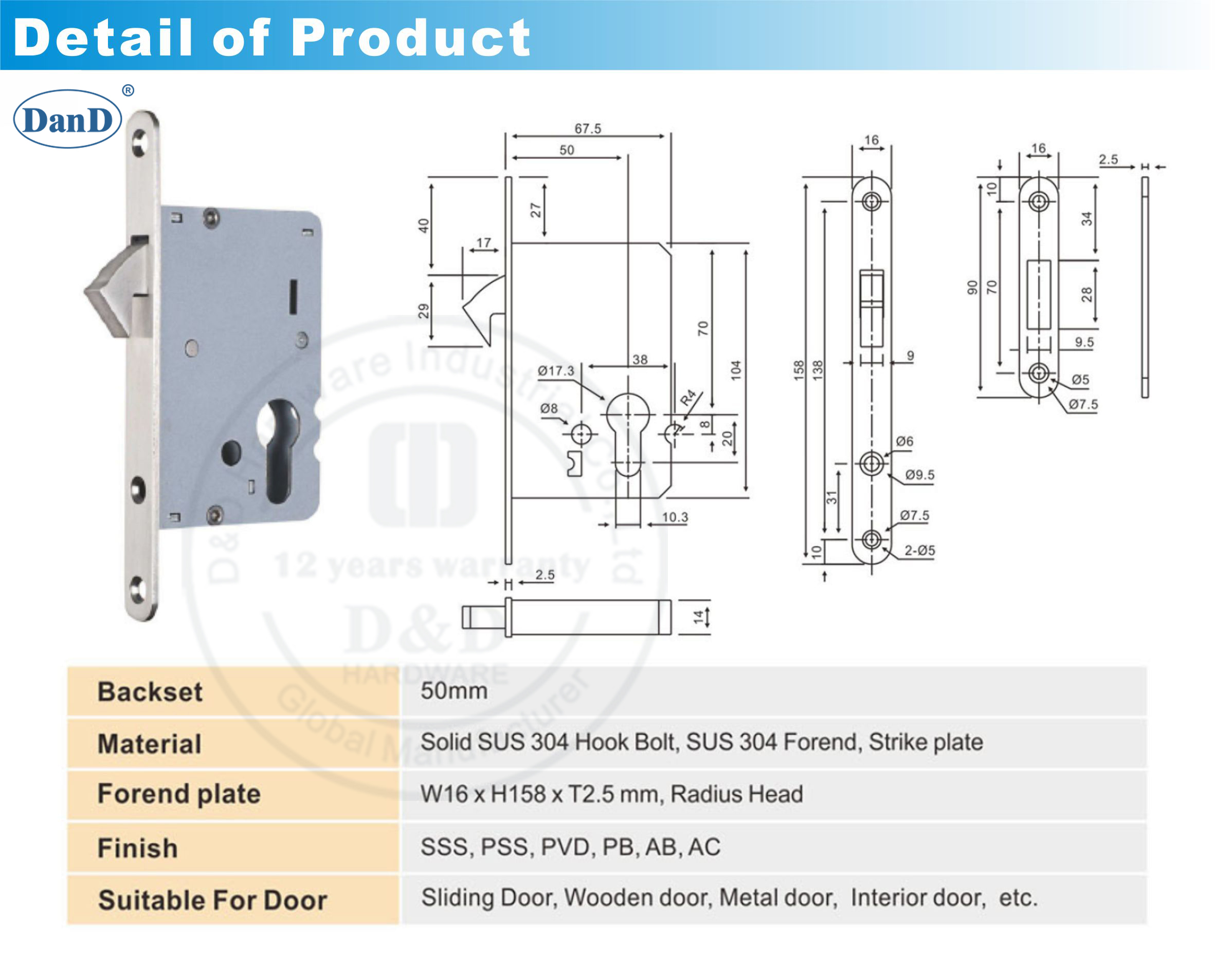 Schiebet&uuml;rschloss Body-D und D-Hardware