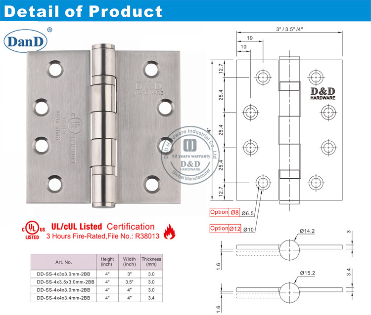 UL Listed Fire Door Scharnier-D und D-Hardware aufgelistet
