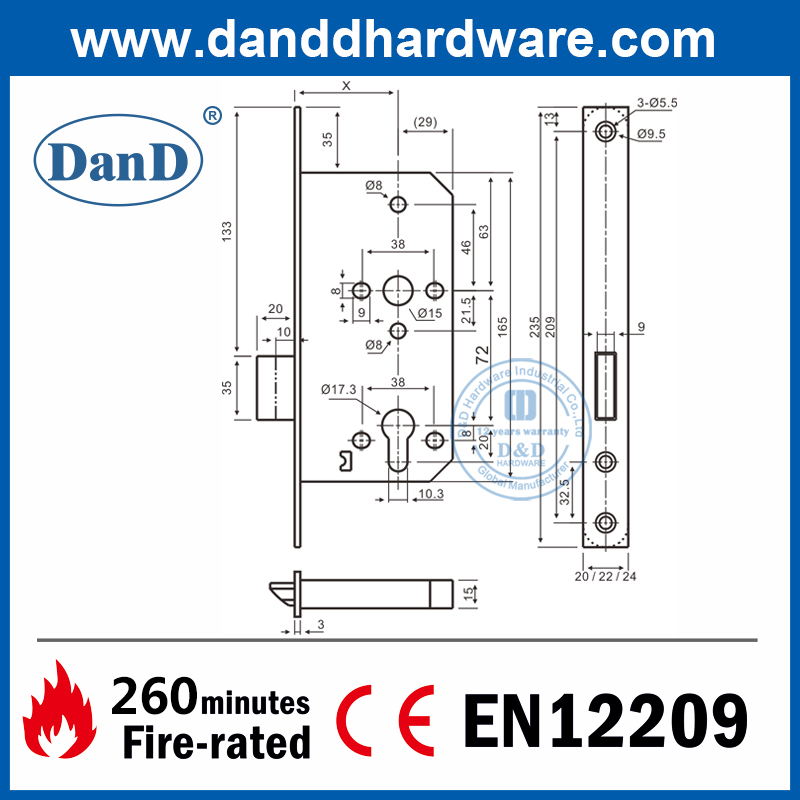 BS EN12209 SUS304 FIRE EINTRAGE TOR STRALL LOCK-DDML013-6072