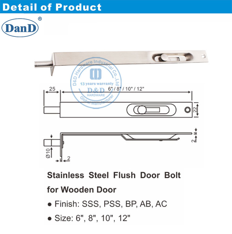 Edelstahl Flush Holzt&uuml;r Bolt-DDB005