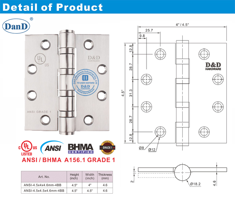ANSI Grad 1 Heavy Dut Door Scharnier-D- und D-Hardware