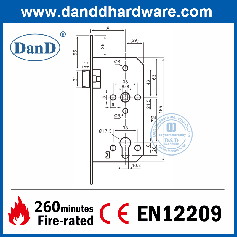 BS EN12209 SUS304 Fire Nennlatch-Schloss für Durchgangstür-DDML011-6072